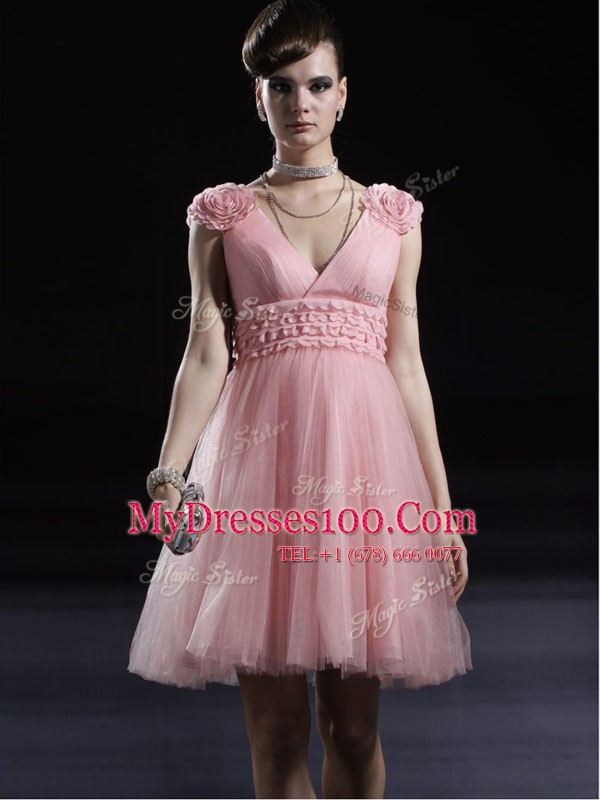 Edgy Baby Pink Zipper V-neck Appliques Dress for Prom Tulle Sleeveless