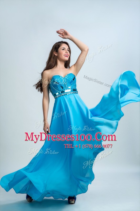 Romantic Baby Blue Column/Sheath Chiffon Sweetheart Sleeveless Beading Floor Length Zipper