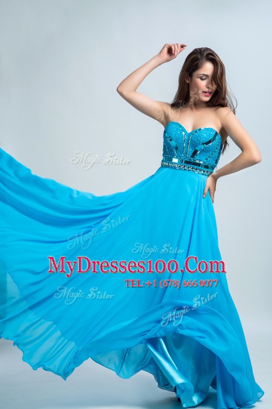 Romantic Baby Blue Column/Sheath Chiffon Sweetheart Sleeveless Beading Floor Length Zipper