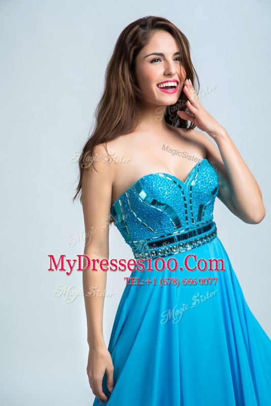 Romantic Baby Blue Column/Sheath Chiffon Sweetheart Sleeveless Beading Floor Length Zipper