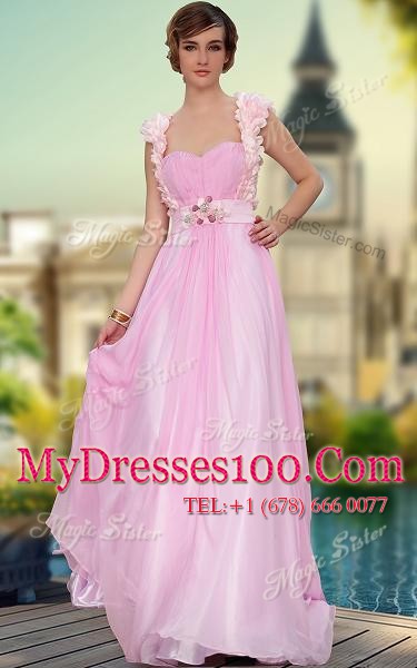 Rose Pink Zipper Prom Evening Gown Belt and Hand Made Flower Sleeveless Floor Length