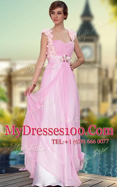 Rose Pink Zipper Prom Evening Gown Belt and Hand Made Flower Sleeveless Floor Length