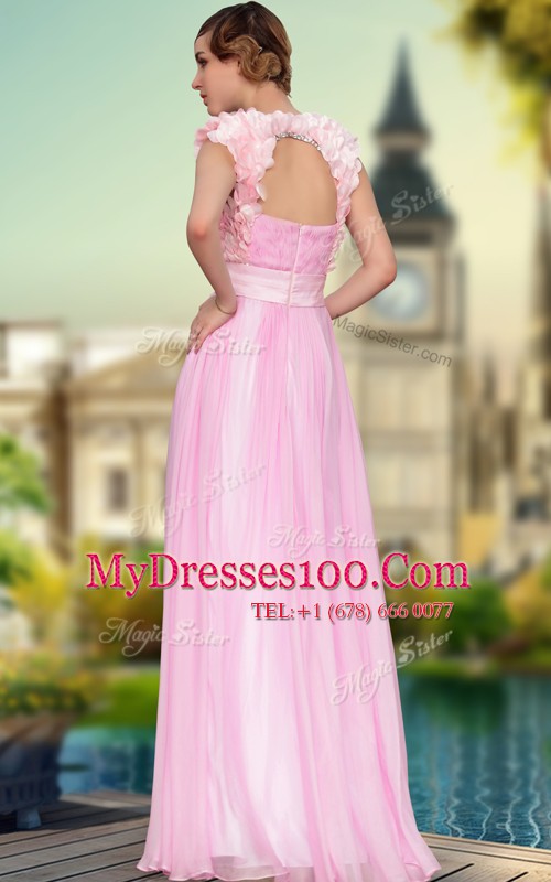 Rose Pink Zipper Prom Evening Gown Belt and Hand Made Flower Sleeveless Floor Length