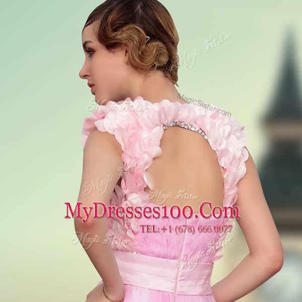 Rose Pink Zipper Prom Evening Gown Belt and Hand Made Flower Sleeveless Floor Length