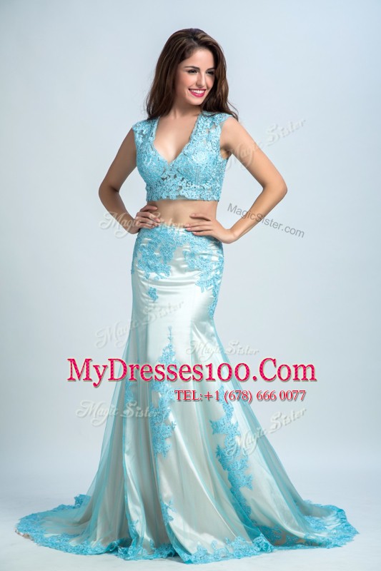 Free and Easy Mermaid Blue And White Zipper Prom Dress Beading and Pattern Sleeveless With Brush Train