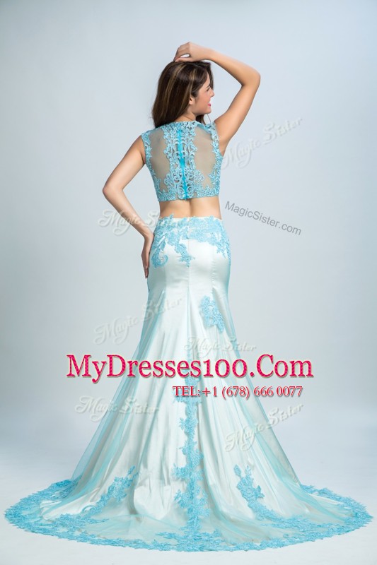 Free and Easy Mermaid Blue And White Zipper Prom Dress Beading and Pattern Sleeveless With Brush Train