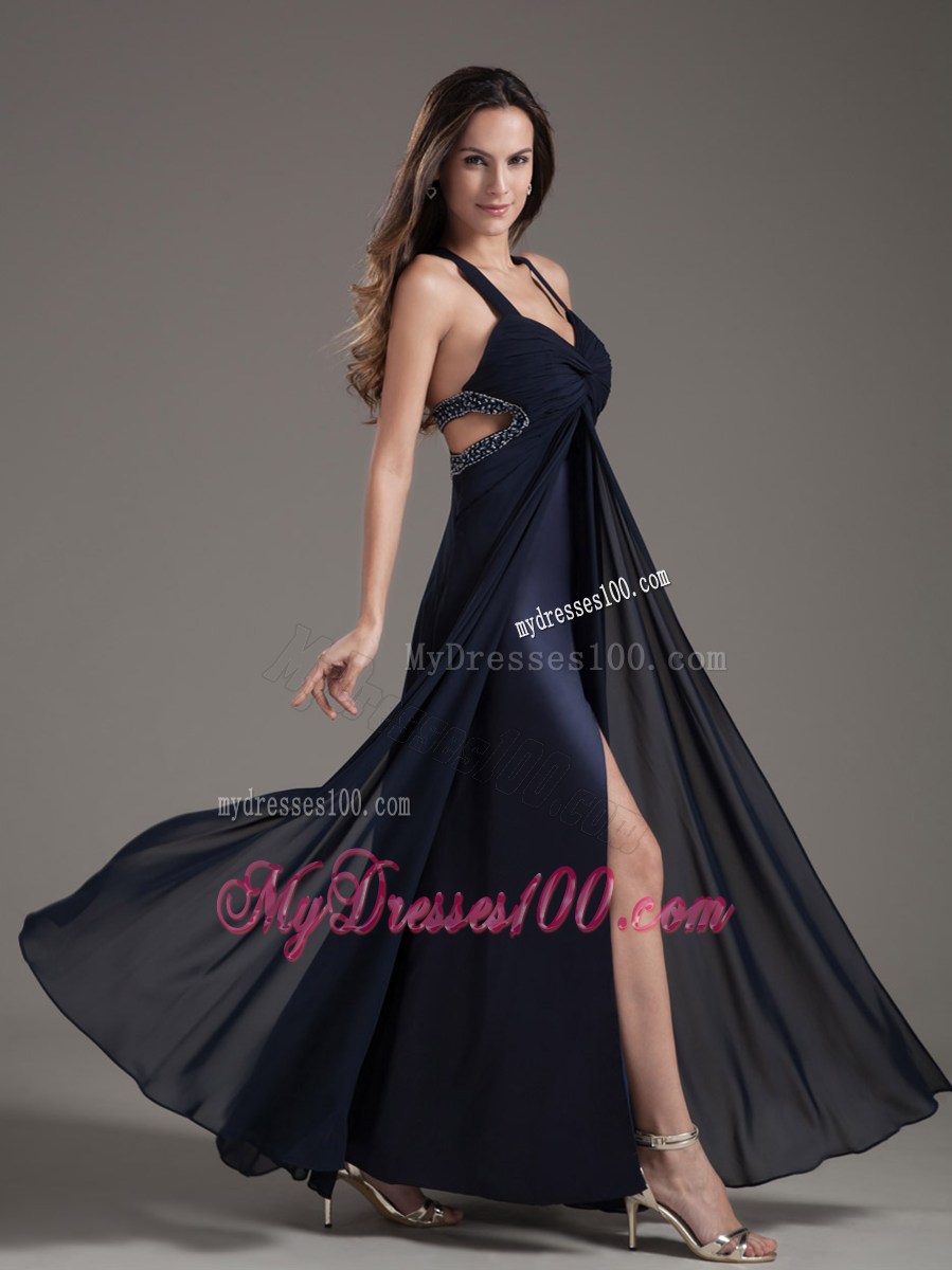 Beading Navy Empire Ankle-length Criss Cross Back Prom Dress