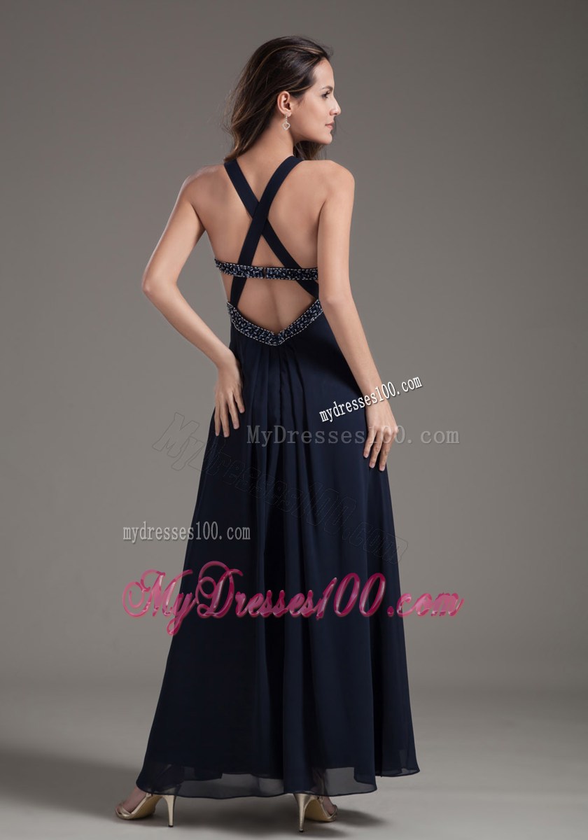 Beading Navy Empire Ankle-length Criss Cross Back Prom Dress