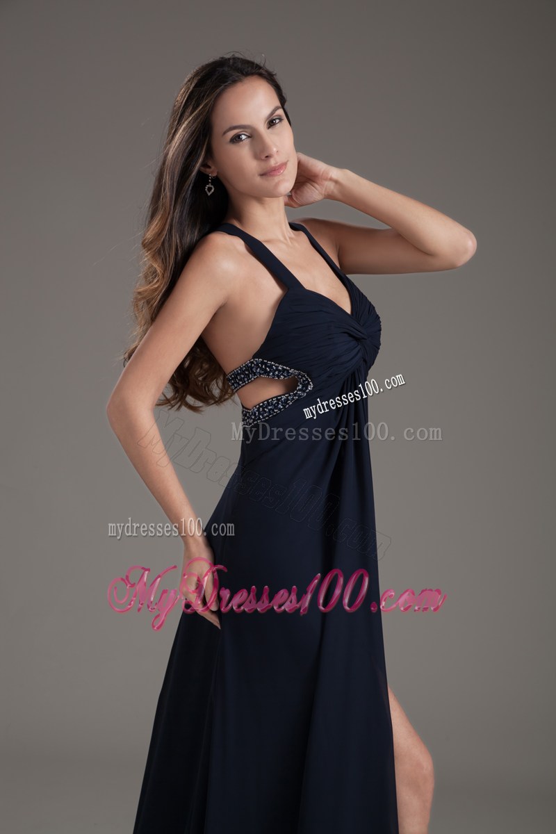 Beading Navy Empire Ankle-length Criss Cross Back Prom Dress