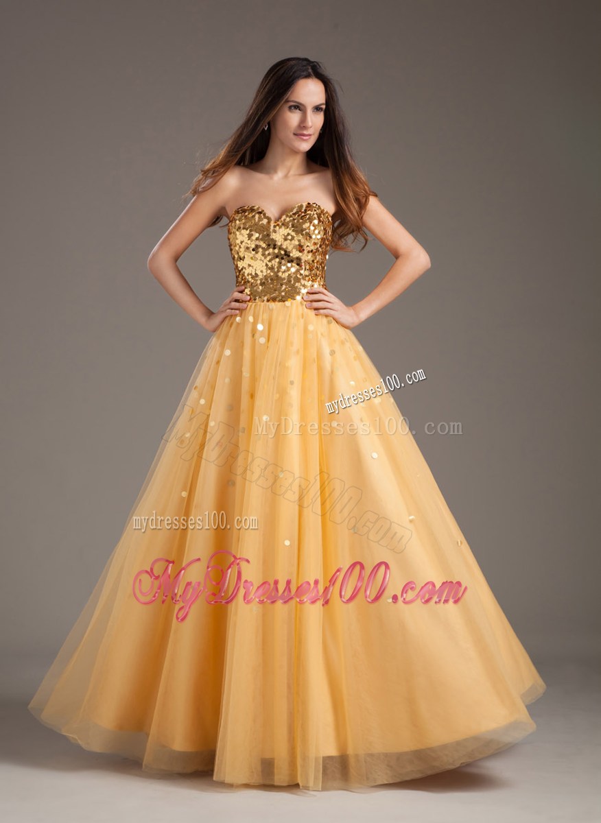Luxurious Gold Sweetheart A-line Prom Dress With Sequins