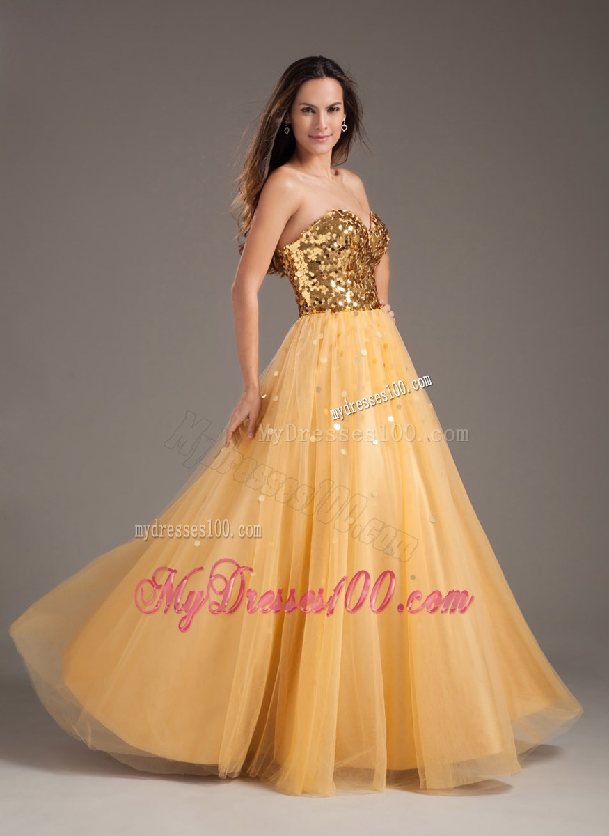 Luxurious Gold Sweetheart A-line Prom Dress With Sequins