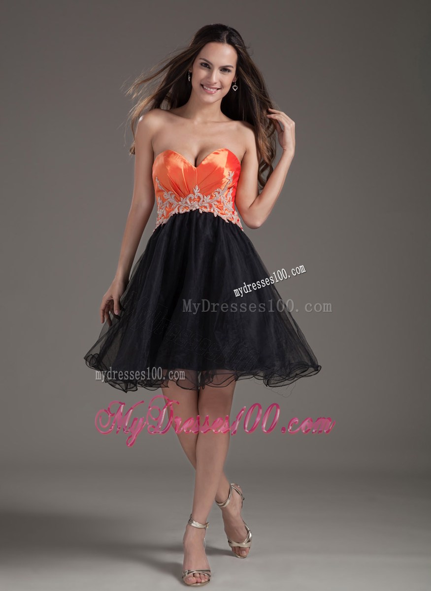 Orange Red and Black A-line Mini-length Appliques Prom Dress