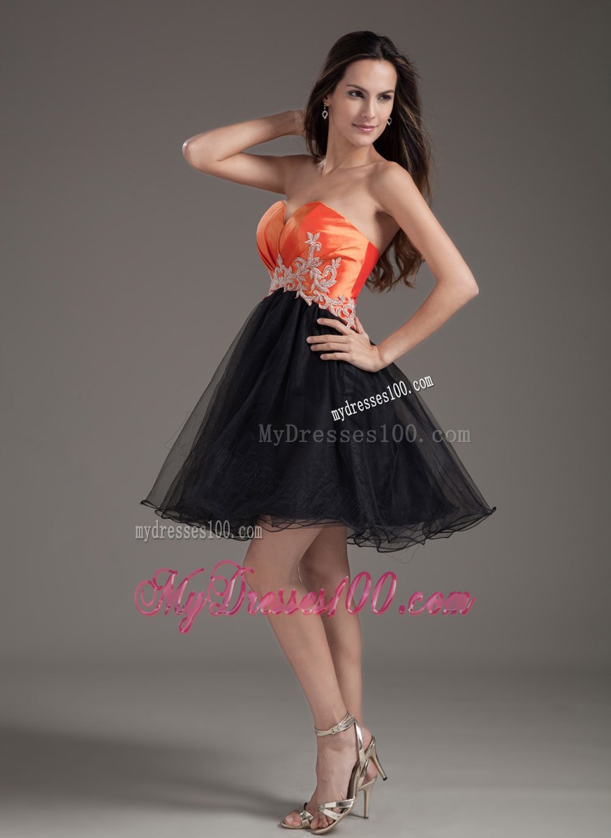 Orange Red and Black A-line Mini-length Appliques Prom Dress