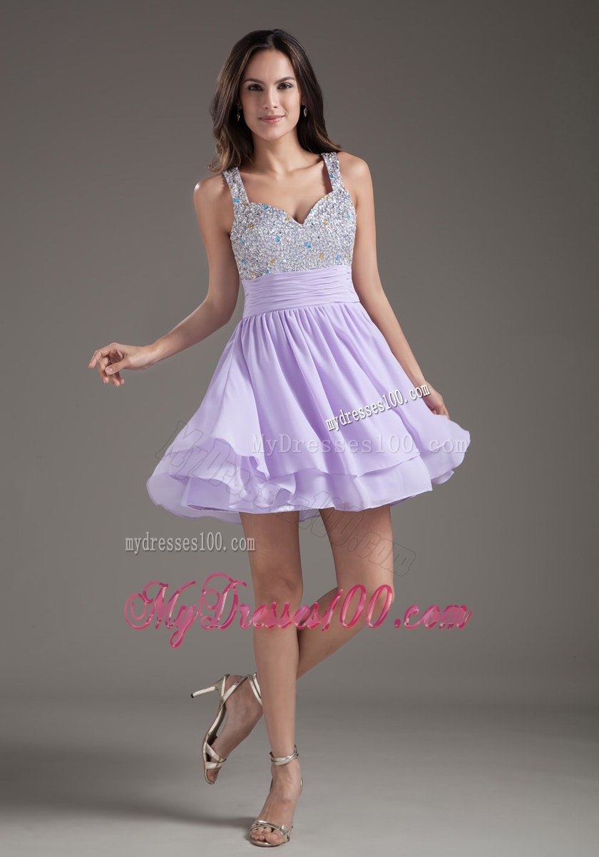 Sweet A-Line Straps Mini-length Lilac Beaded Dress for Prom