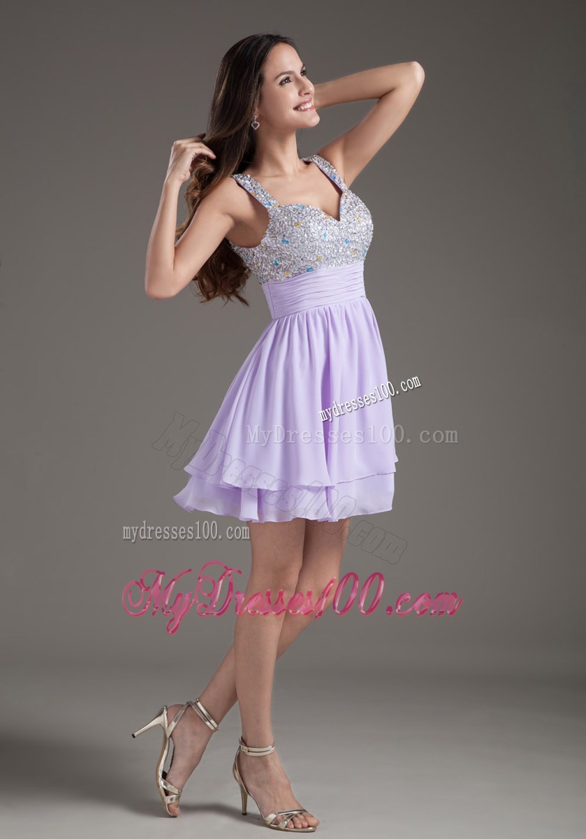 Sweet A-Line Straps Mini-length Lilac Beaded Dress for Prom