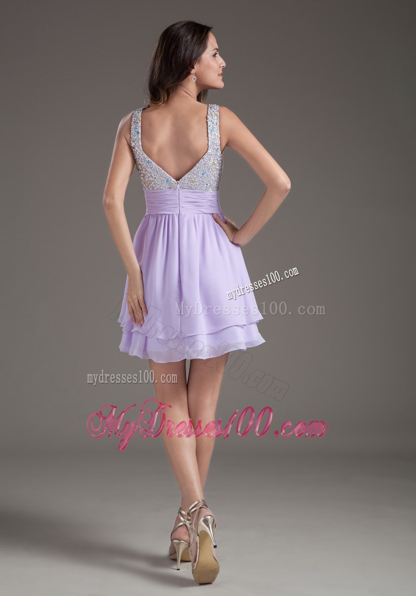 Sweet A-Line Straps Mini-length Lilac Beaded Dress for Prom