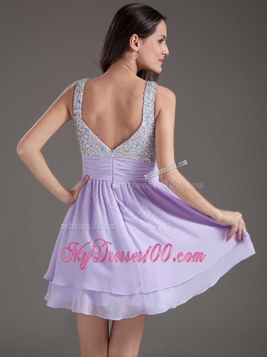 Sweet A-Line Straps Mini-length Lilac Beaded Dress for Prom