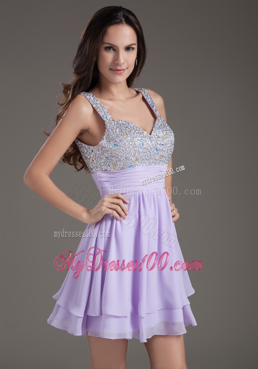Sweet A-Line Straps Mini-length Lilac Beaded Dress for Prom