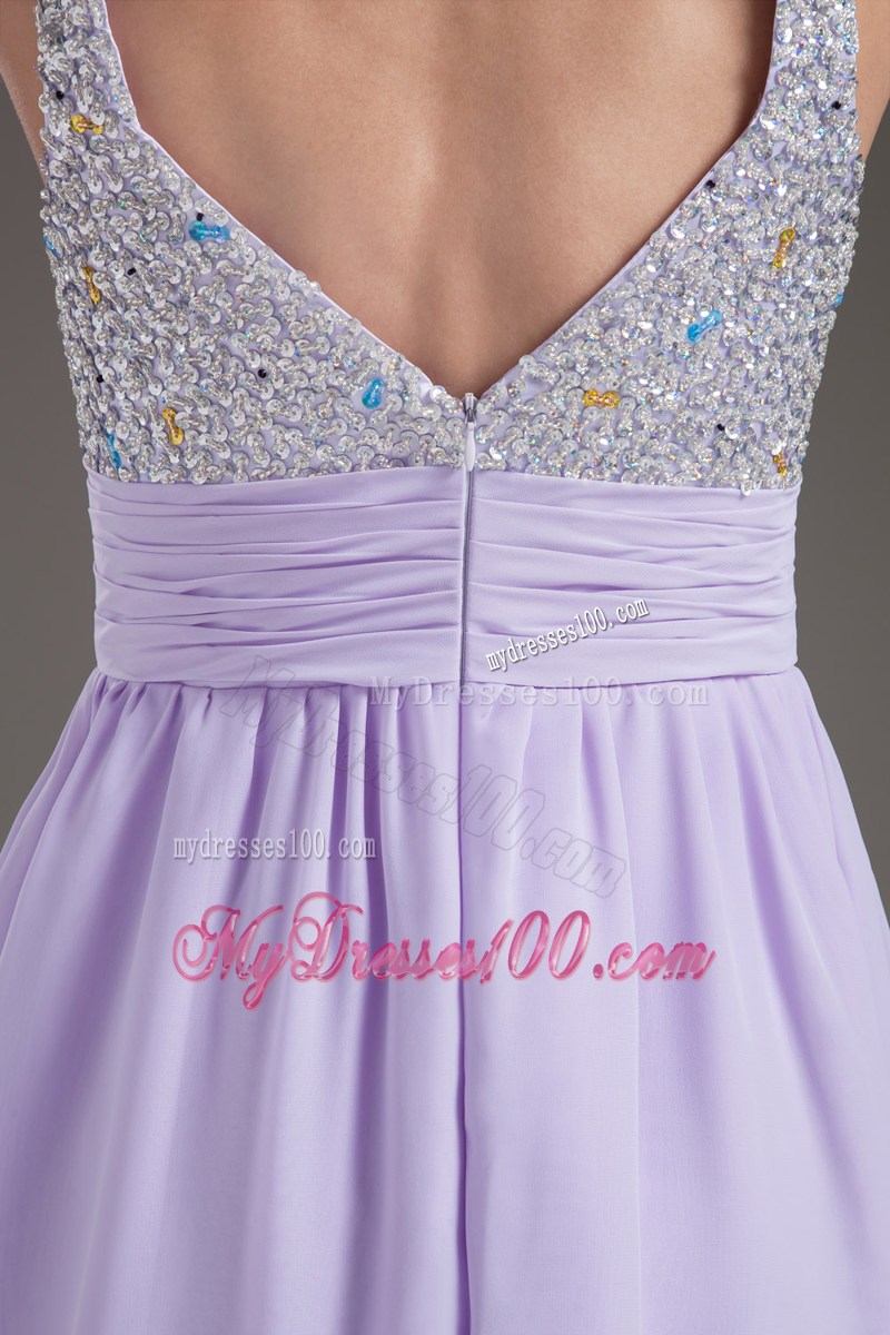 Sweet A-Line Straps Mini-length Lilac Beaded Dress for Prom