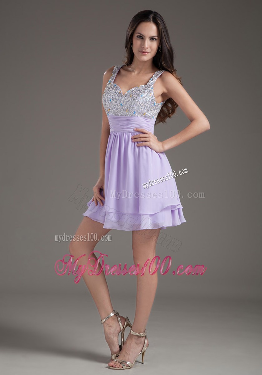 Sweet A-Line Straps Mini-length Lilac Beaded Dress for Prom