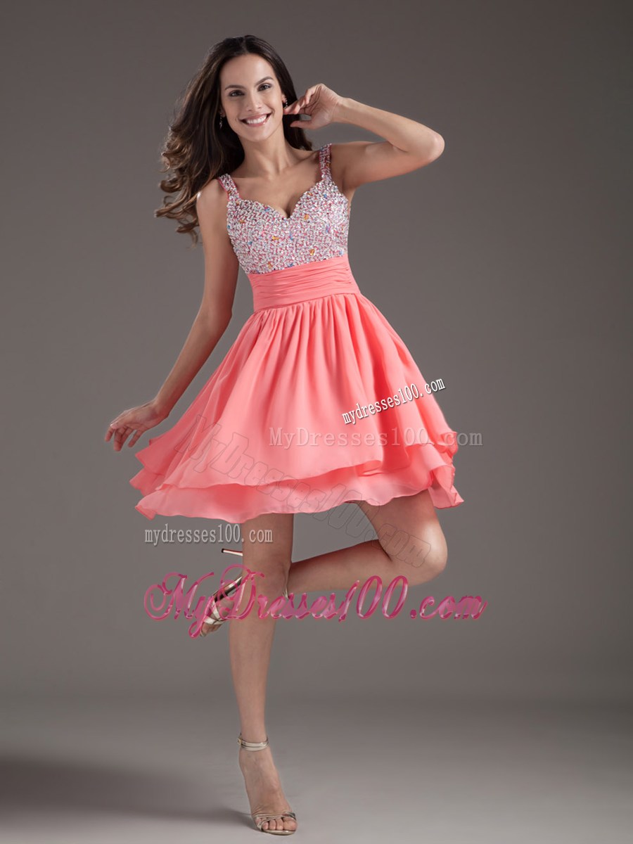 A-Line Short Watermelon Prom Dress with Beaded Straps