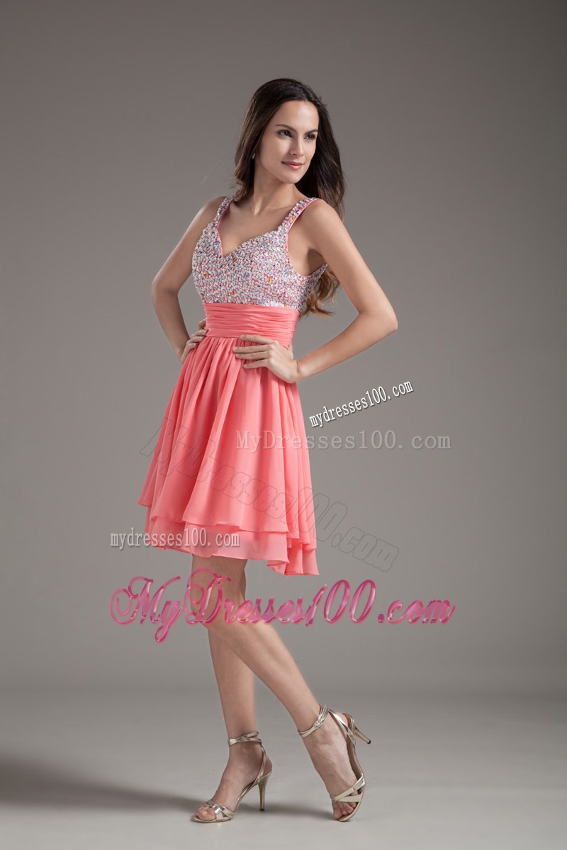 A-Line Short Watermelon Prom Dress with Beaded Straps