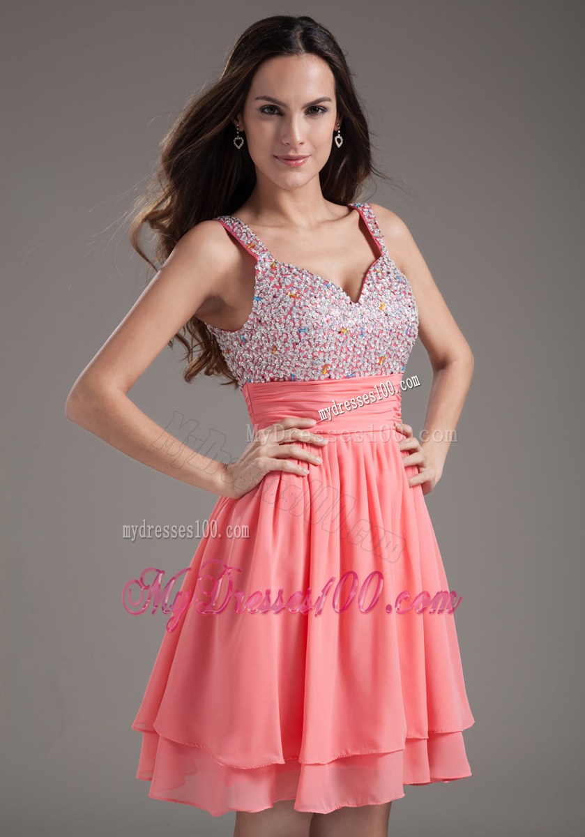 A-Line Short Watermelon Prom Dress with Beaded Straps
