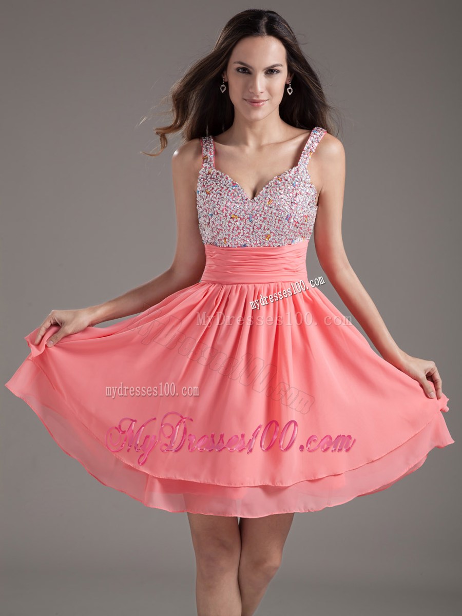 A-Line Short Watermelon Prom Dress with Beaded Straps
