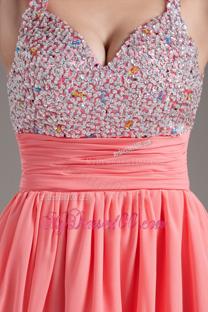 A-Line Short Watermelon Prom Dress with Beaded Straps