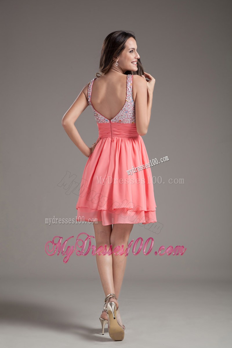 A-Line Short Watermelon Prom Dress with Beaded Straps
