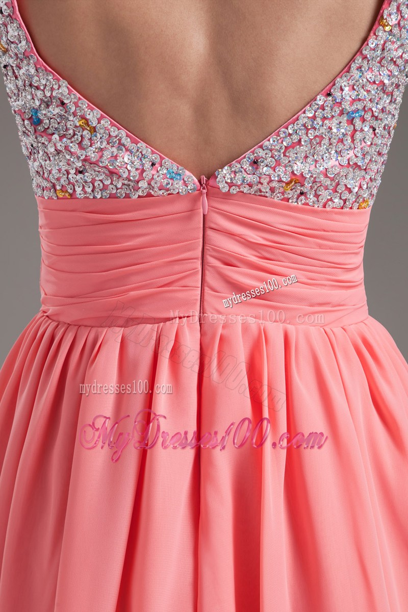A-Line Short Watermelon Prom Dress with Beaded Straps