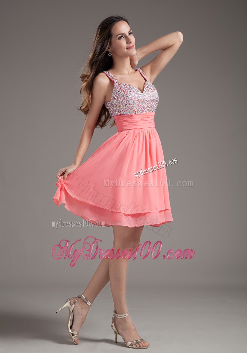 A-Line Short Watermelon Prom Dress with Beaded Straps