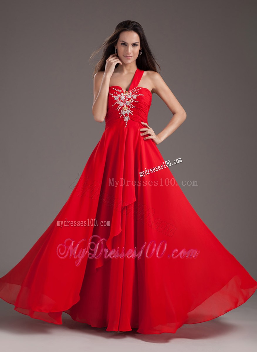 Red Empire One Shoulder Floor-length Chiffon Beaded Prom Gown