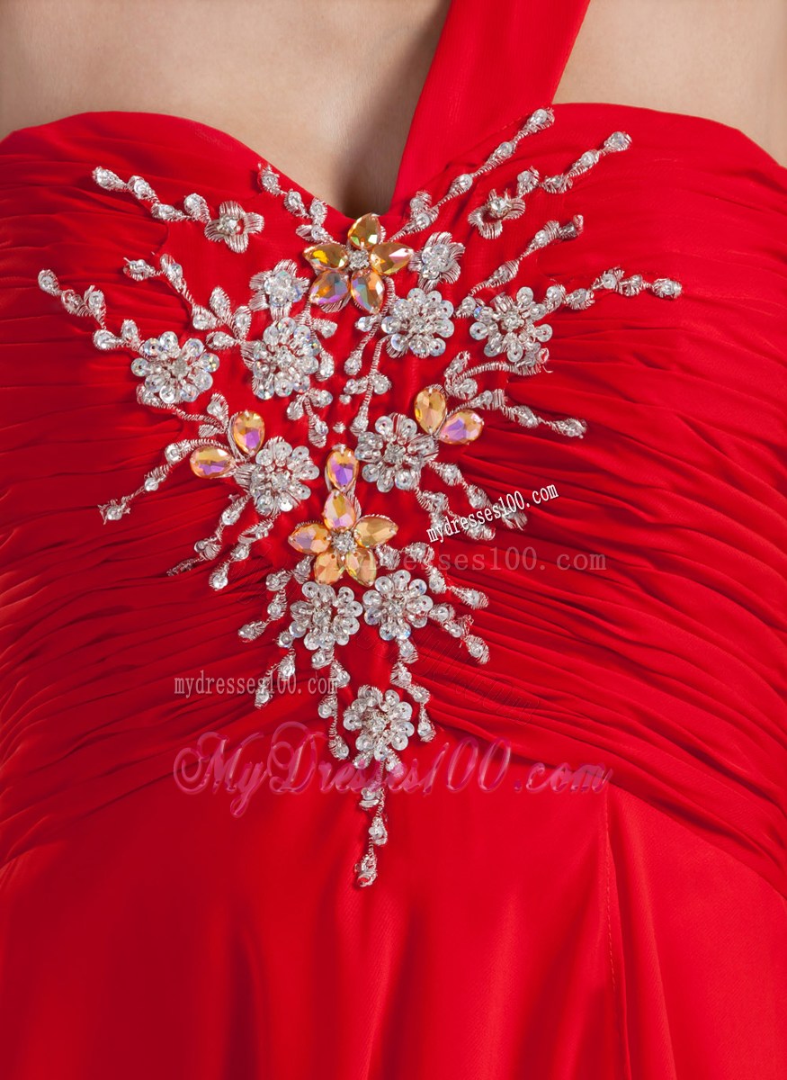 Red Empire One Shoulder Floor-length Chiffon Beaded Prom Gown