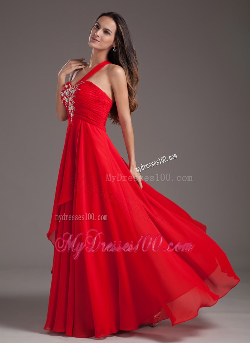 Red Empire One Shoulder Floor-length Chiffon Beaded Prom Gown
