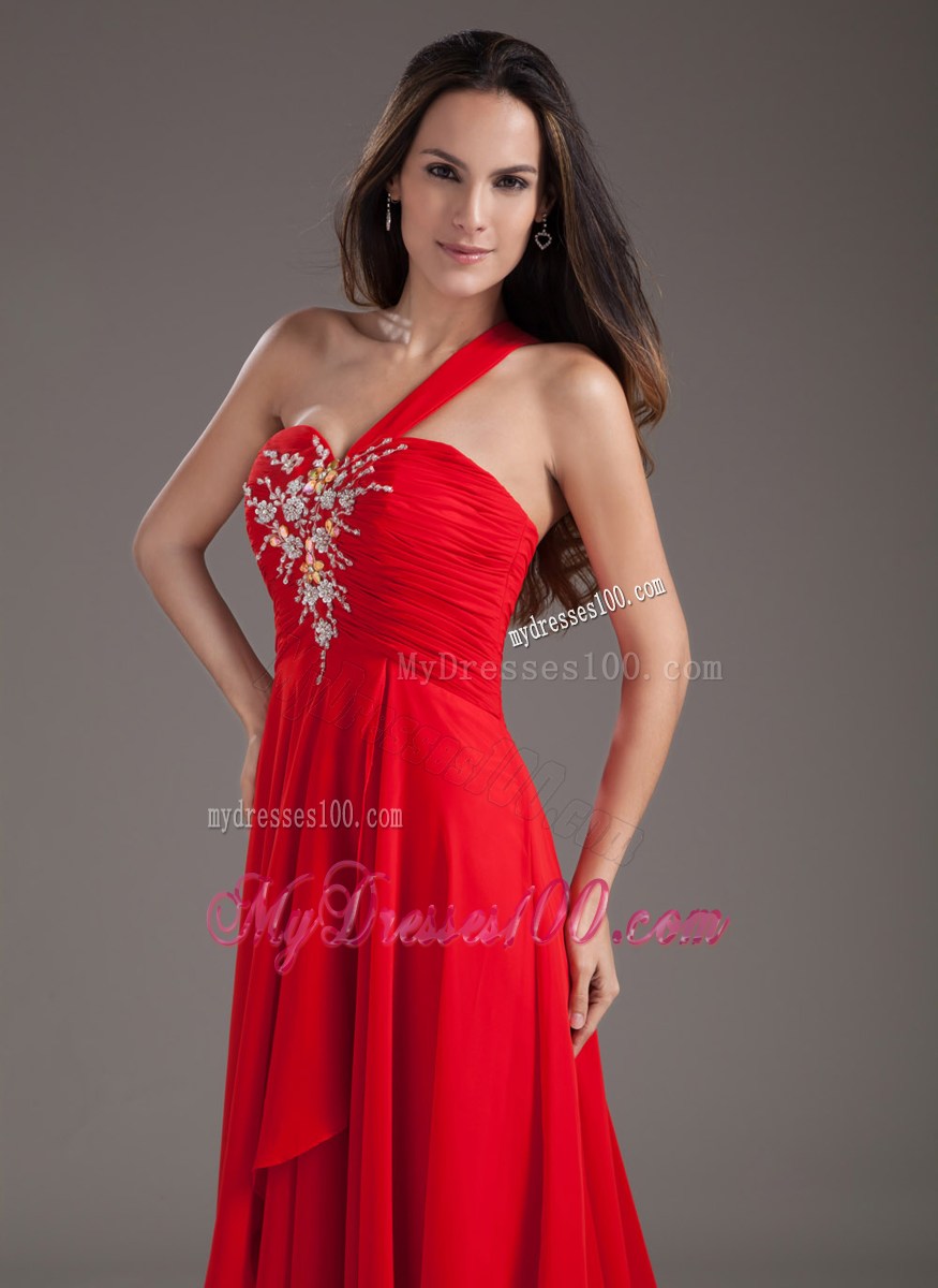 Red Empire One Shoulder Floor-length Chiffon Beaded Prom Gown