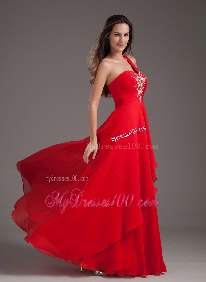 Red Empire One Shoulder Floor-length Chiffon Beaded Prom Gown