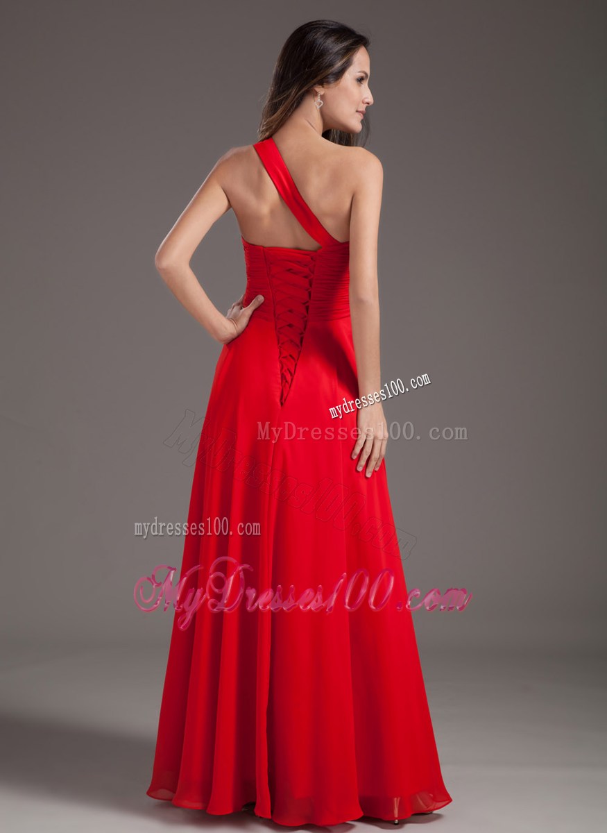 Red Empire One Shoulder Floor-length Chiffon Beaded Prom Gown