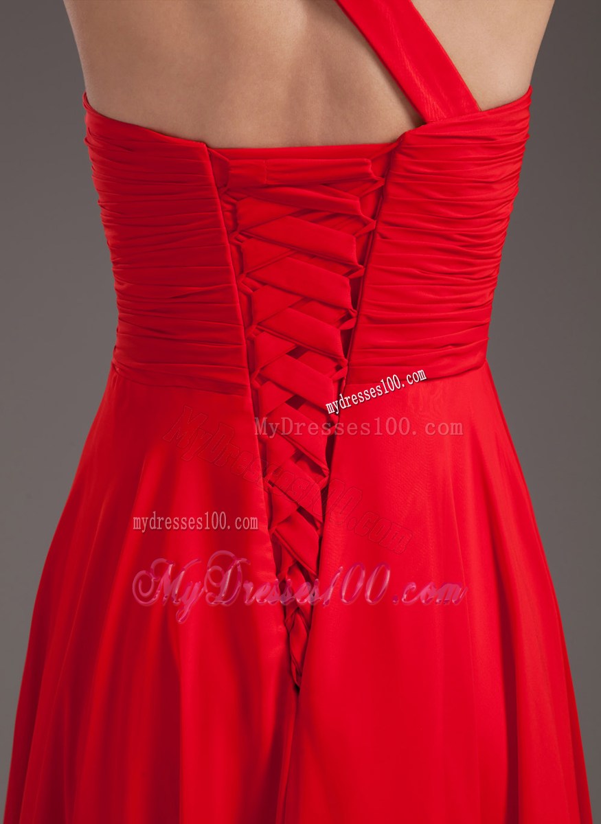 Red Empire One Shoulder Floor-length Chiffon Beaded Prom Gown