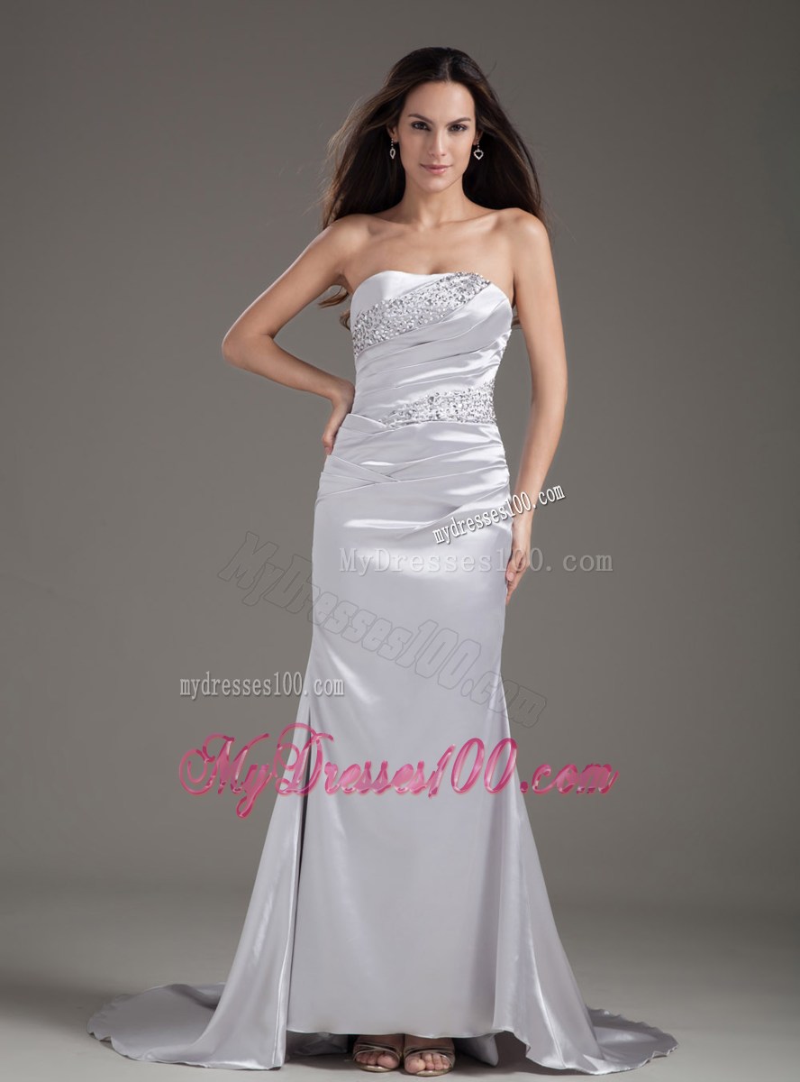 Elegant Silver Strapless Beading Brush Train Column Prom Dress