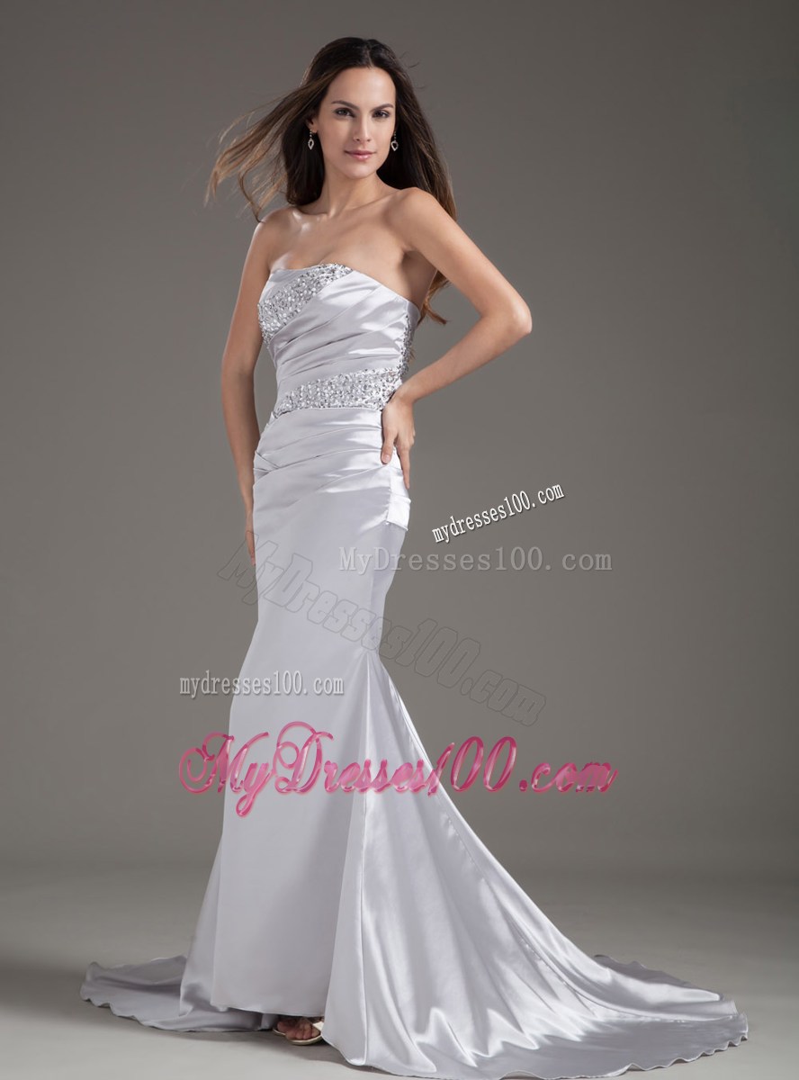 Elegant Silver Strapless Beading Brush Train Column Prom Dress