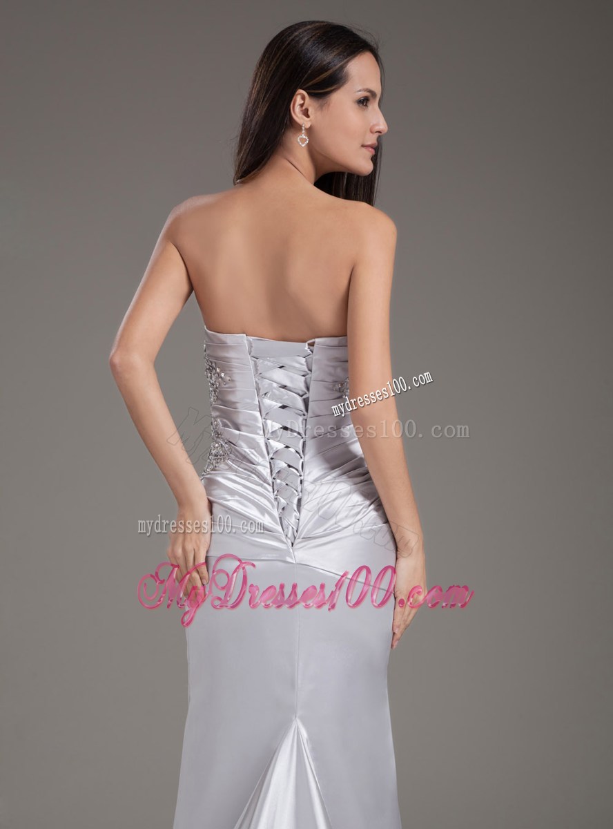 Elegant Silver Strapless Beading Brush Train Column Prom Dress