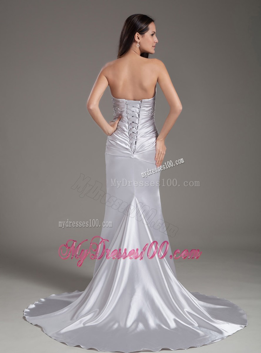 Elegant Silver Strapless Beading Brush Train Column Prom Dress