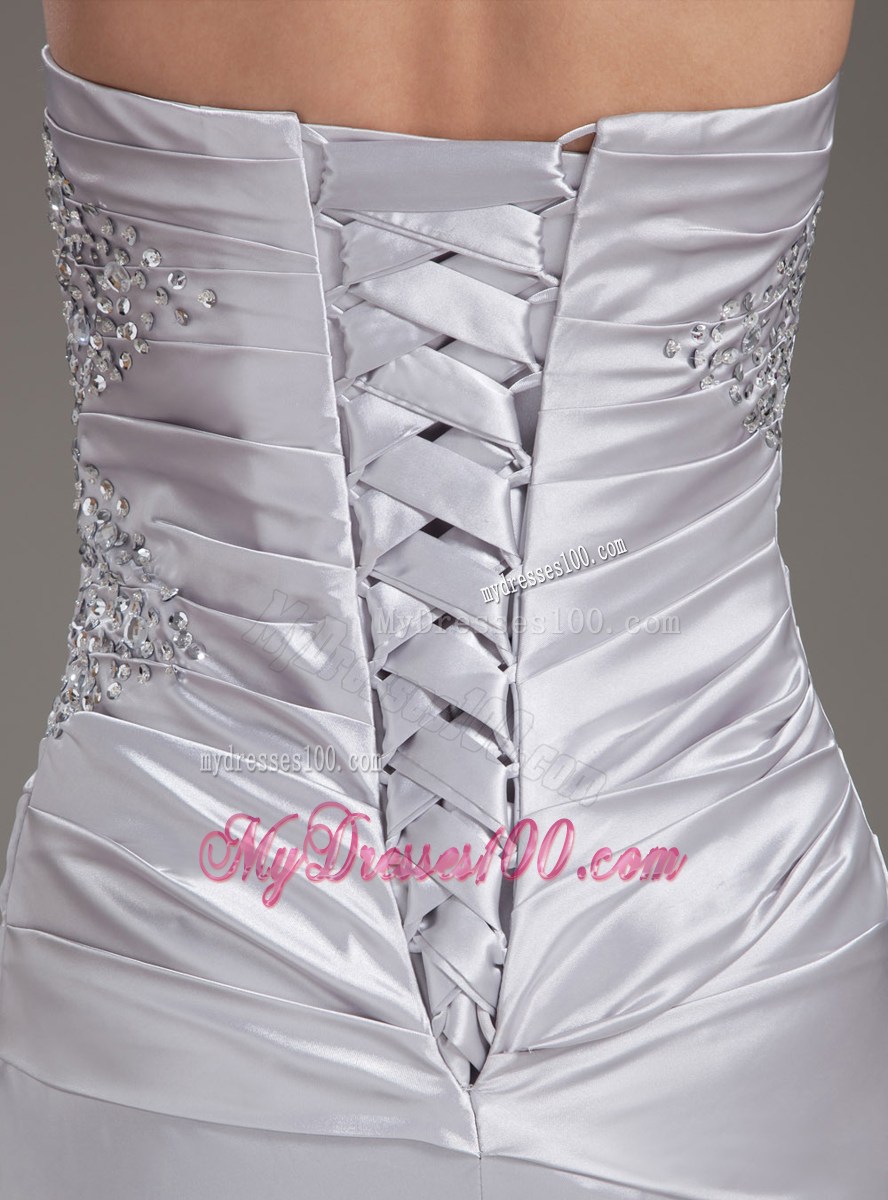 Elegant Silver Strapless Beading Brush Train Column Prom Dress
