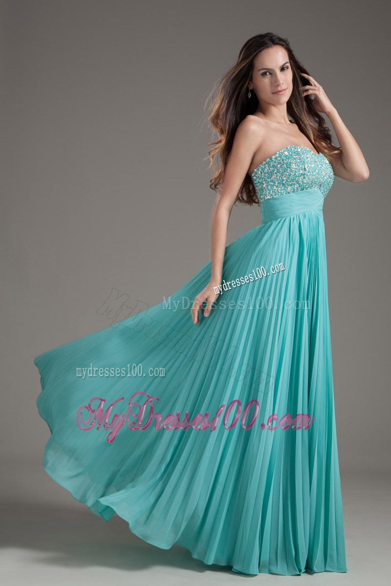 Turquoise Empire Strapless Long Beaded Bust Dress for Prom