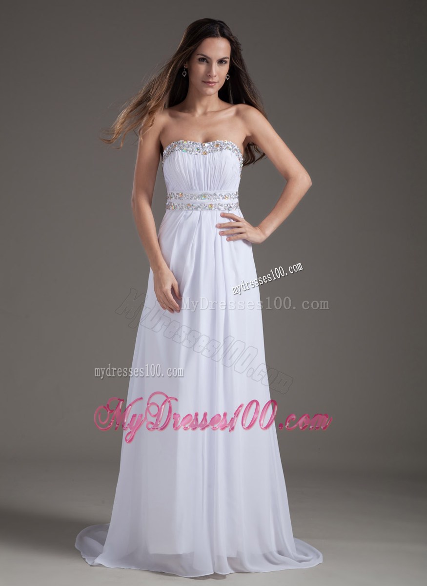 White Strapless Chiffon Beaded Prom Dress with Brush Train