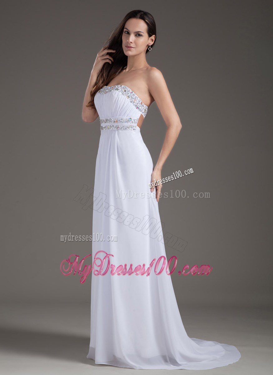White Strapless Chiffon Beaded Prom Dress with Brush Train