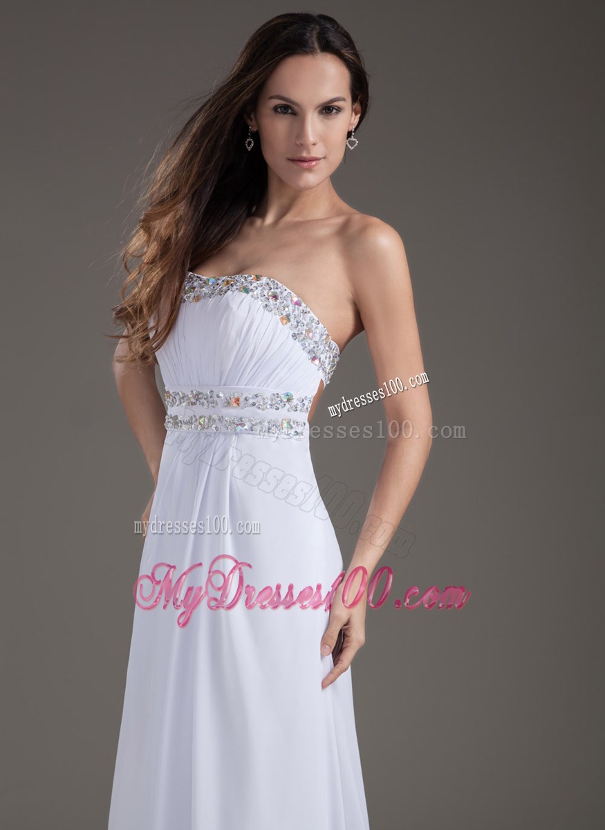 White Strapless Chiffon Beaded Prom Dress with Brush Train