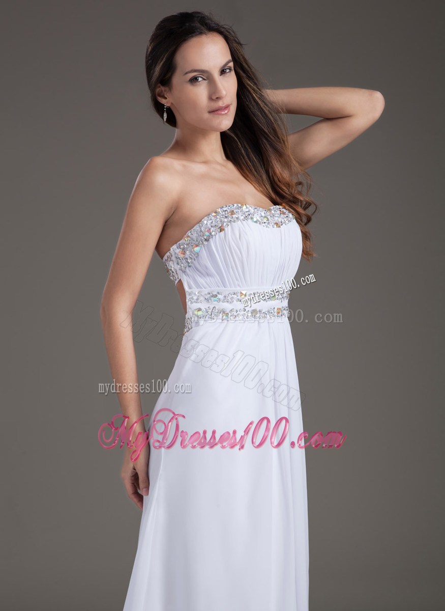 White Strapless Chiffon Beaded Prom Dress with Brush Train
