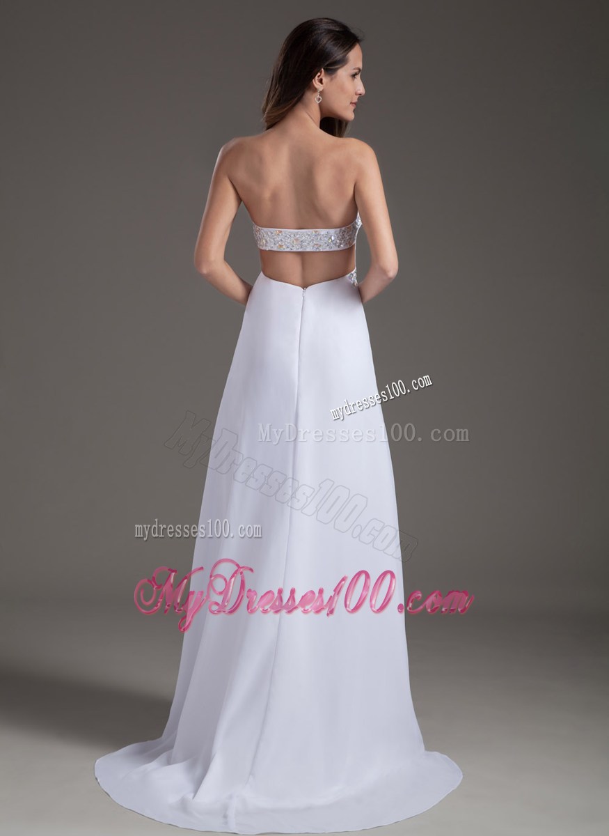 White Strapless Chiffon Beaded Prom Dress with Brush Train
